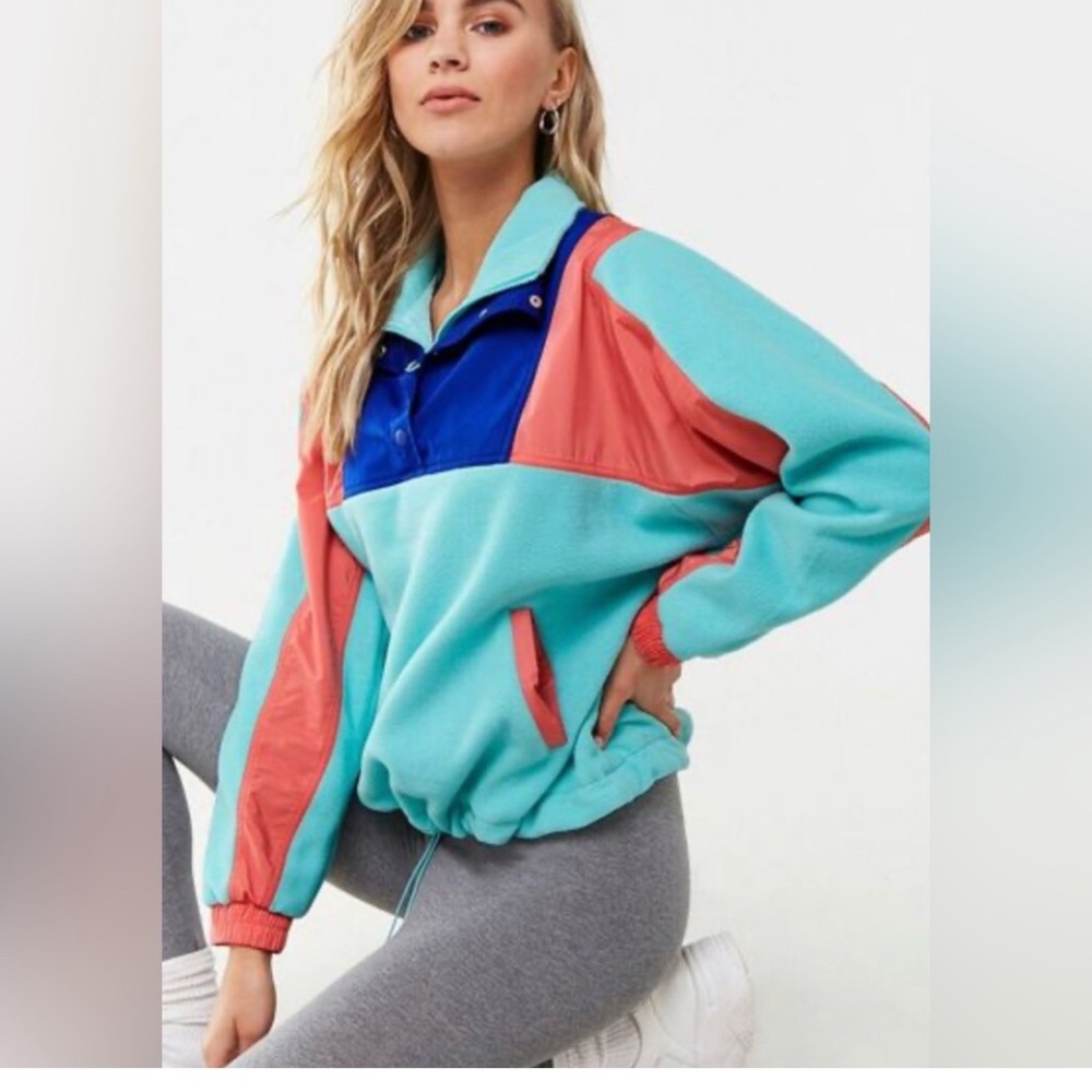 NWOT Forever21 Retro Fleece Teal Blue/Royal Blue/Salmon Pink 1/4 Pullover Size S